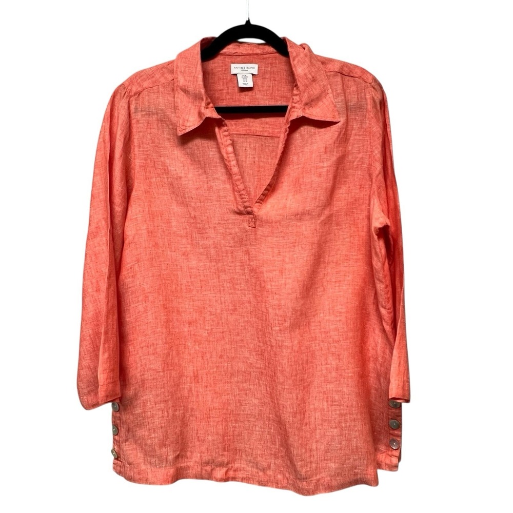 Antibes Blanc Coral Tunic 100% Linen Shirt Popover Coastal Lagenlook Medium